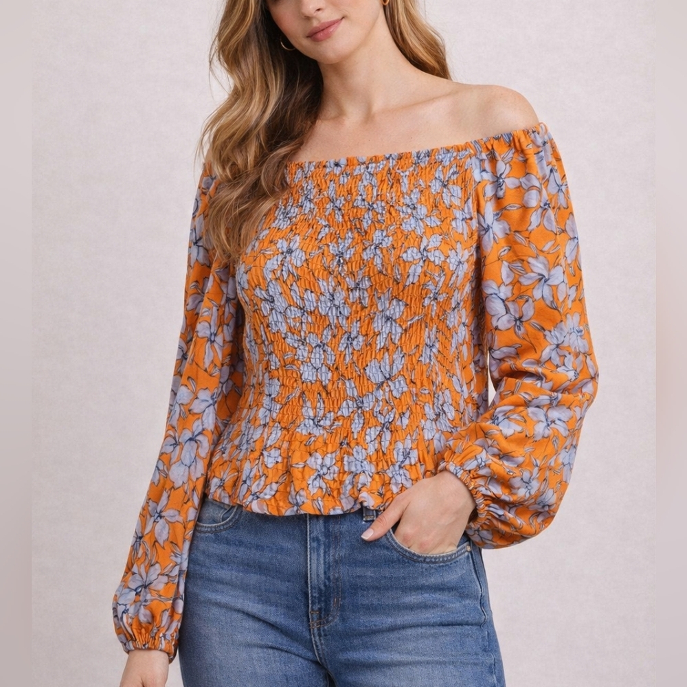 NWT Jessica Simpson Orange and Blue Floral Blouse Size Medium | Spring Flare